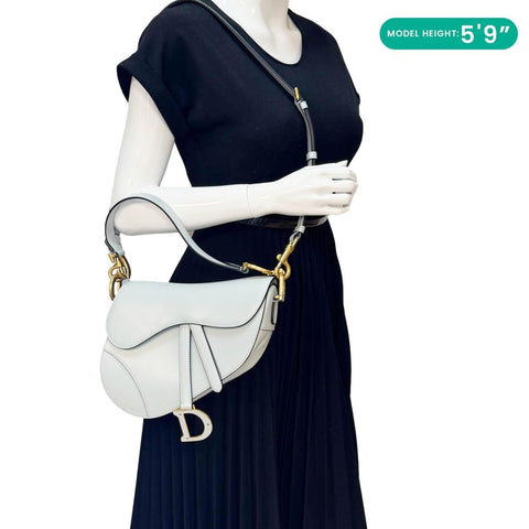 CHRISTIAN DIOR Saddle Leather Satchel Shoulder Bag Light Blue