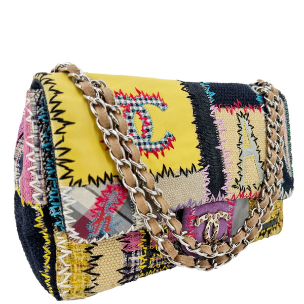 CHANEL Single Flap Jumbo Patchwork Tweed Crossbody Bag Multicolor