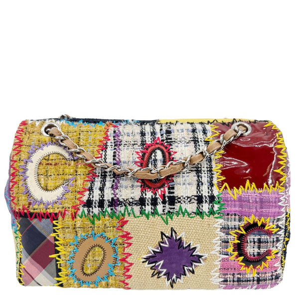 CHANEL Single Flap Jumbo Patchwork Tweed Crossbody Bag Multicolor