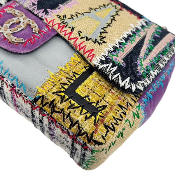 CHANEL Single Flap Jumbo Patchwork Tweed Crossbody Bag Multicolor