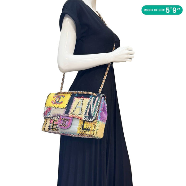 CHANEL Single Flap Jumbo Patchwork Tweed Crossbody Bag Multicolor