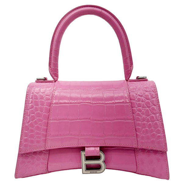 BALENCIAGA Hourglass Crocodile Embossed Leather Top Handle Shoulder Bag Pink