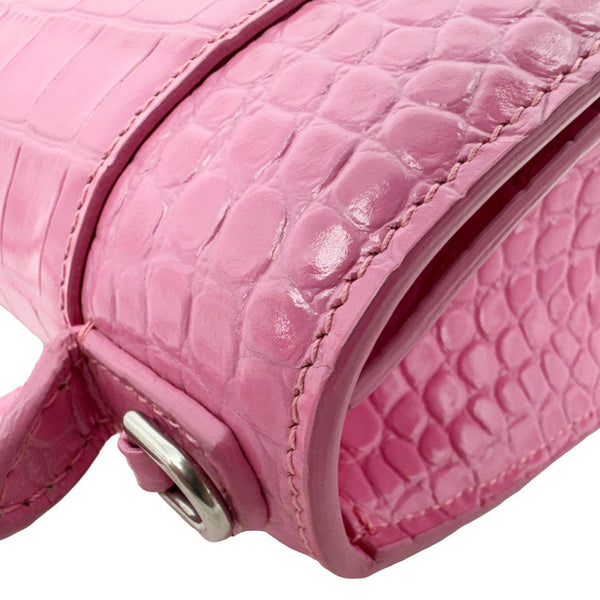 BALENCIAGA Hourglass Crocodile Embossed Leather Top Handle Shoulder Bag Pink