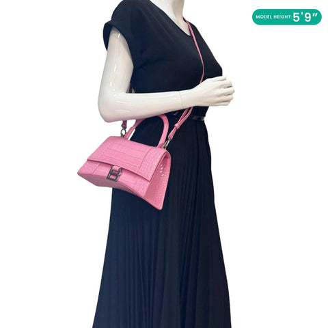 BALENCIAGA Hourglass Crocodile Embossed Leather Top Handle Shoulder Bag Pink