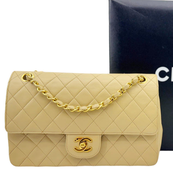 CHANEL Vintage Classic Double Flap Medium Quilted Leather Shoulder Bag Beige
