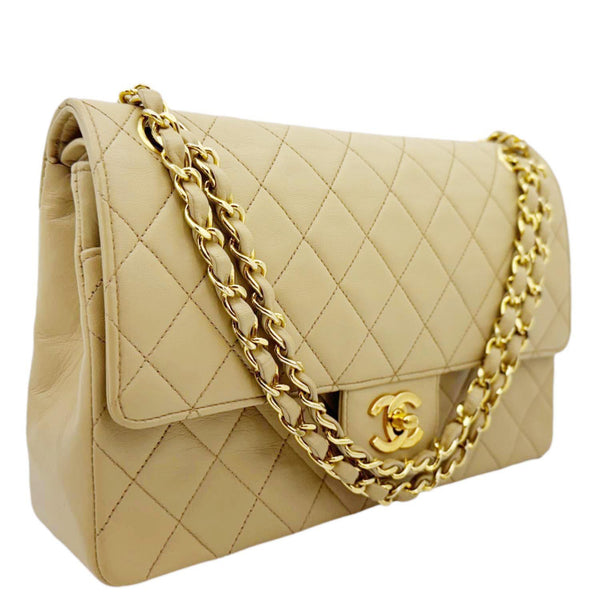 CHANEL Vintage Classic Double Flap Medium Quilted Leather Shoulder Bag Beige