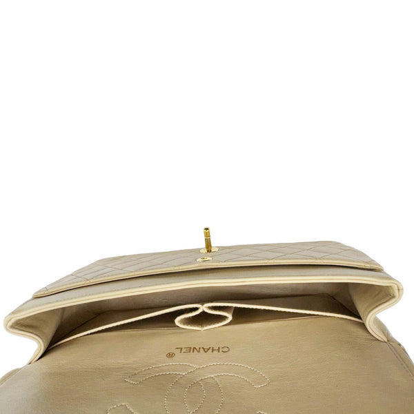 CHANEL Vintage Classic Double Flap Medium Quilted Leather Shoulder Bag Beige