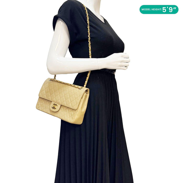 CHANEL Vintage Classic Double Flap Medium Quilted Leather Shoulder Bag Beige