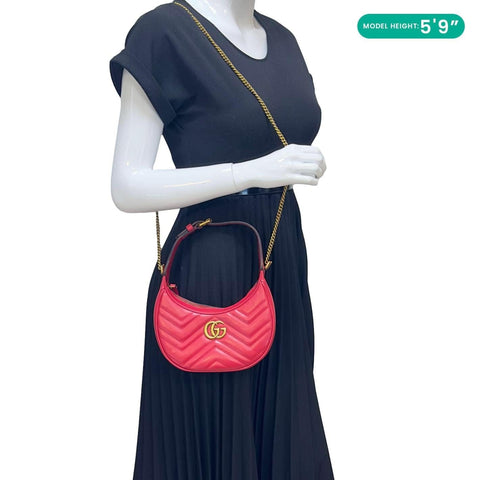 GUCCI GG Marmont Half Moon Mini Leather Shoulder Bag Red 699514