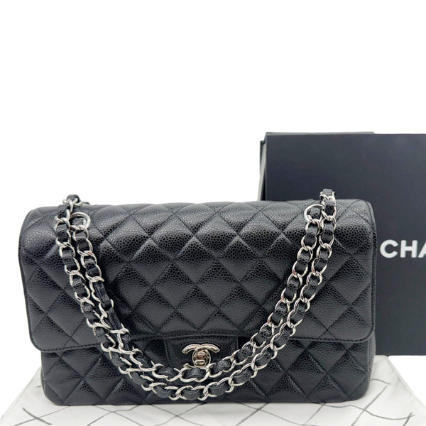 CHANEL Classic Double Flap Medium Quilted Caviar Leather Shoulder Bag Black