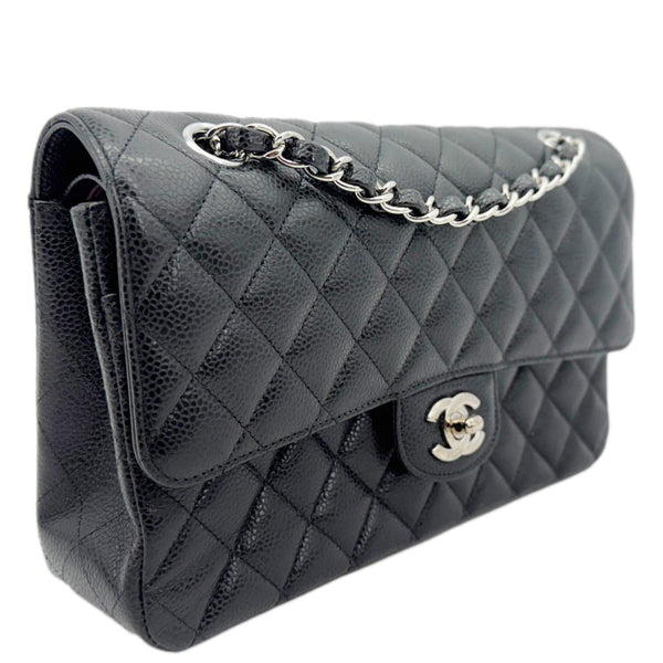 CHANEL Classic Double Flap Medium Quilted Caviar Leather Shoulder Bag Black