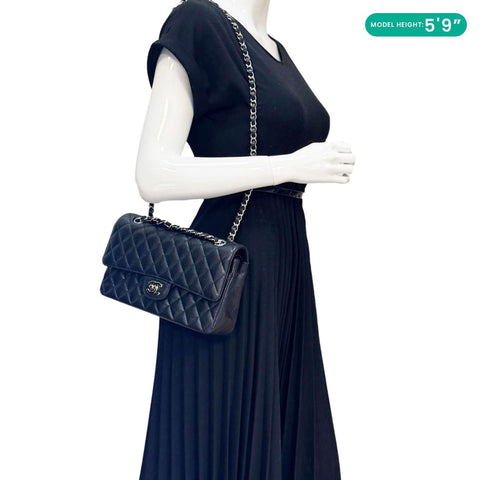 CHANEL Classic Double Flap Medium Quilted Caviar Leather Shoulder Bag Black