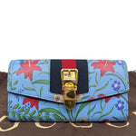 GUCCI Sylvie Continental Floral Print Leather Wallet Blue 476084