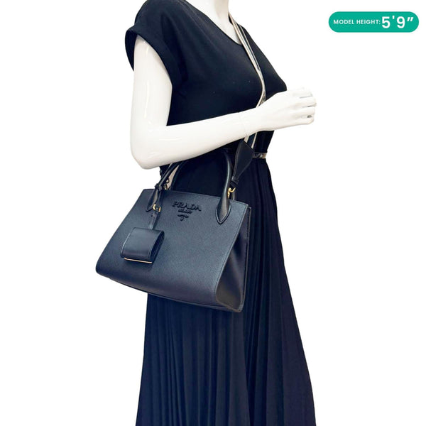 PRADA Monochrome Small Calfskin Saffiano Leather Top Handle Tote Black