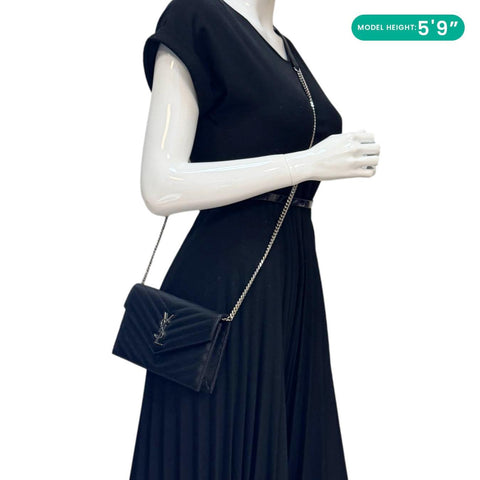 YVES SAINT LAURENT Cassandre Leather Wallet On Chain Crossbody Bag Black