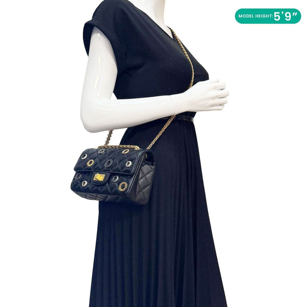 CHANEL Reissue 2.55 Crystal Charms 225 Flap Quilted Leather Crossbody Bag Black