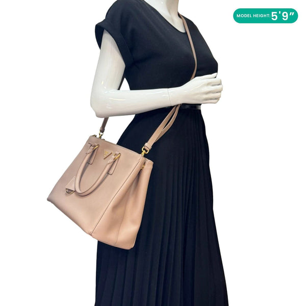 PRADA Galleria Double Zip Saffiano Leather Top Handle Tote Bag Beige