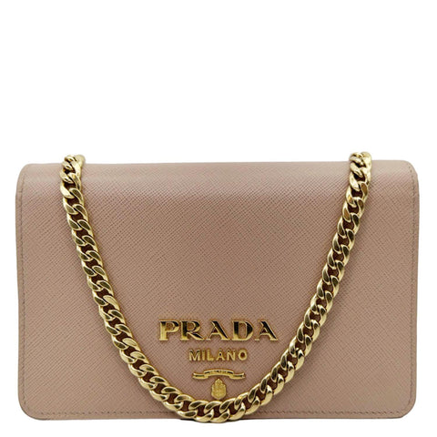PRADA Soft Calfskin Saffiano Leather Chain Shoulder Bag Cipria