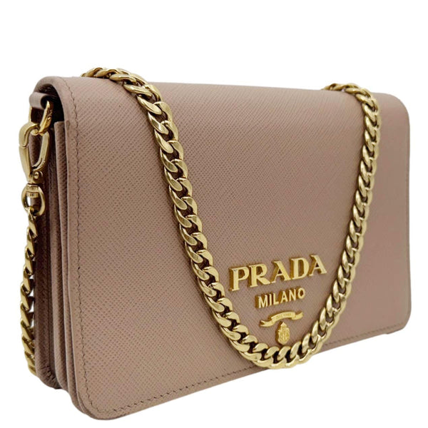PRADA Soft Calfskin Saffiano Leather Chain Shoulder Bag Cipria