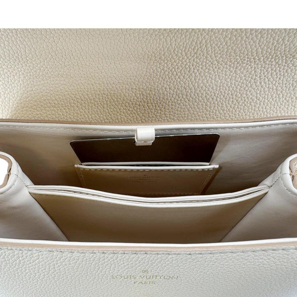 LOUIS VUITTON Rose Des Vents PM Grained Leather Top Handle Crossbody Bag Creme