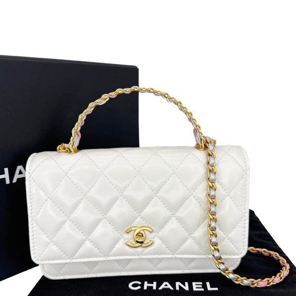 CHANEL Top Handle Multicolor Quilted Leather Crossbody Wallet On Chain White