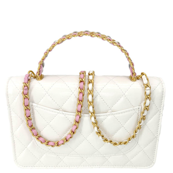 CHANEL Top Handle Multicolor Quilted Leather Crossbody Wallet On Chain White