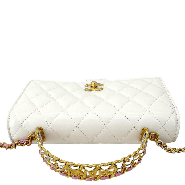 CHANEL Top Handle Multicolor Quilted Leather Crossbody Wallet On Chain White
