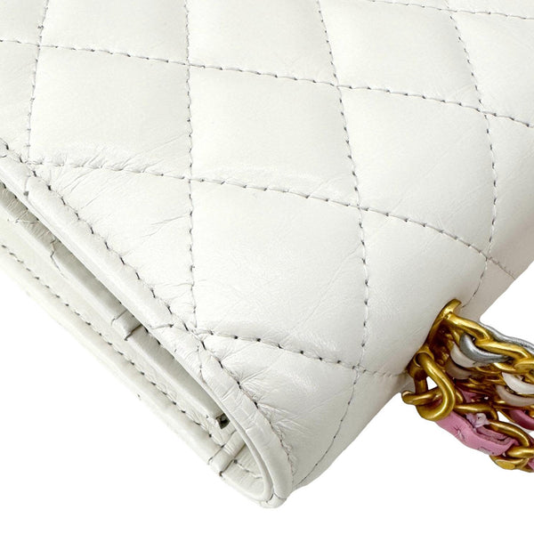 CHANEL Top Handle Multicolor Quilted Leather Crossbody Wallet On Chain White