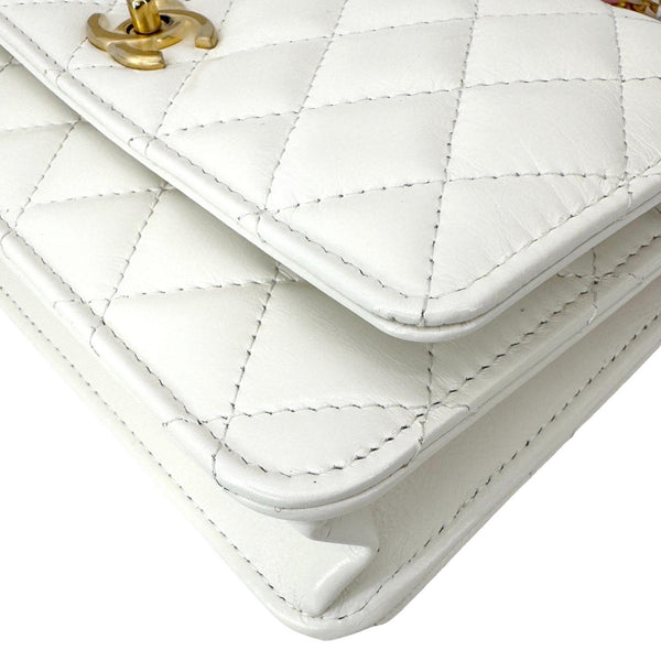 CHANEL Top Handle Multicolor Quilted Leather Crossbody Wallet On Chain White
