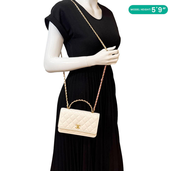 CHANEL Top Handle Multicolor Quilted Leather Crossbody Wallet On Chain White