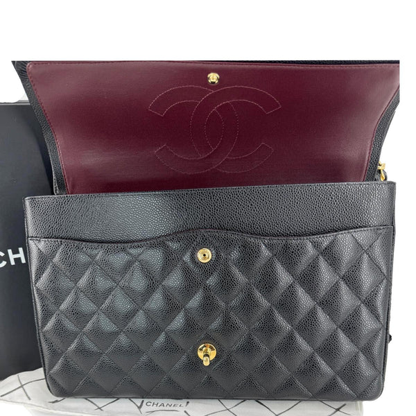CHANEL Maxi Classic Double Flap Caviar Leather Shoulder Bag Black