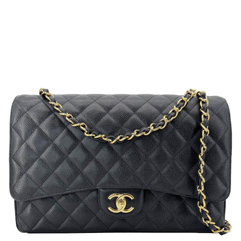 CHANEL Maxi Classic Double Flap Caviar Leather Shoulder Bag Black
