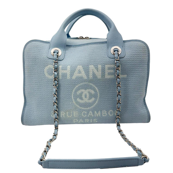 CHANEL Deauville Small Canvas Bowling Tote Bag Light Blue
