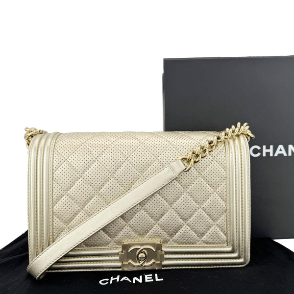CHANEL Boy Flap Medium Perforated Lambskin Leather Shoulder Bag Light Gold