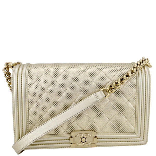 CHANEL Boy Flap Medium Perforated Lambskin Leather Shoulder Bag Light Gold