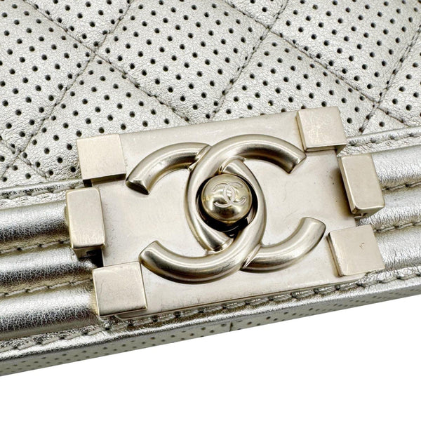 CHANEL Boy Flap Medium Perforated Lambskin Leather Shoulder Bag Light Gold