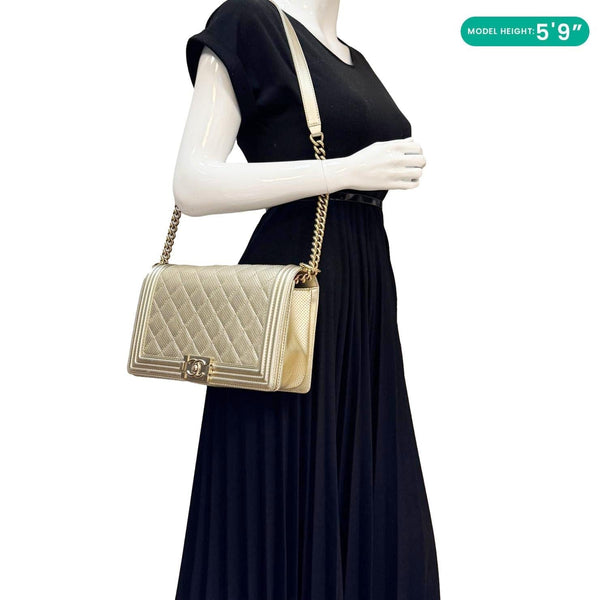 CHANEL Boy Flap Medium Perforated Lambskin Leather Shoulder Bag Light Gold