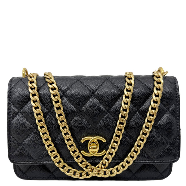 CHANEL Sweet Heart Flap Quilted Leather Wallet On Chain Crossbody Bag Black