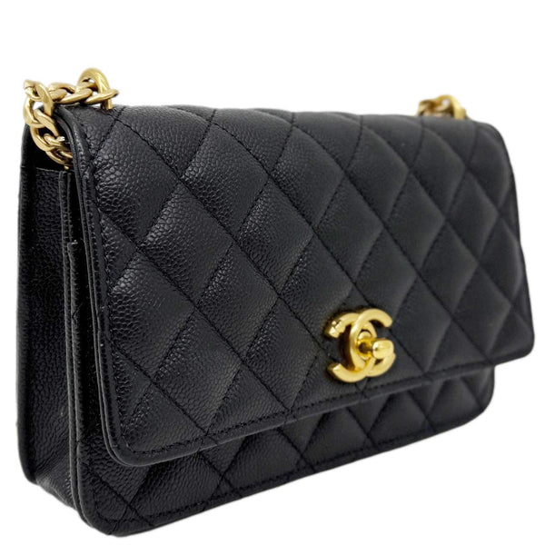 CHANEL Sweet Heart Flap Quilted Leather Wallet On Chain Crossbody Bag Black