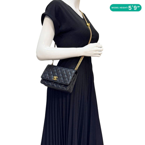 CHANEL Sweet Heart Flap Quilted Leather Wallet On Chain Crossbody Bag Black