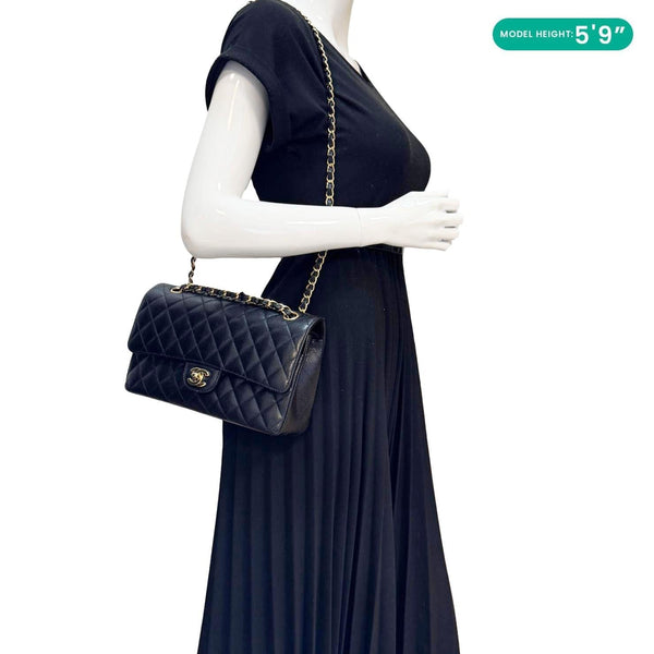 CHANEL Classic Double Flap Medium Quilted Caviar Leather Shoulder Bag Black