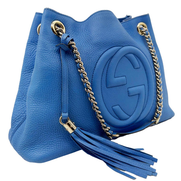 GUCCI Soho Medium Pebbled Leather Shoulder Bag Blue 308982