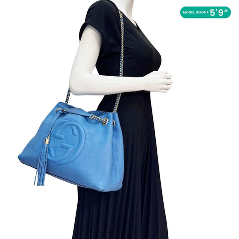 GUCCI Soho Medium Pebbled Leather Shoulder Bag Blue 308982