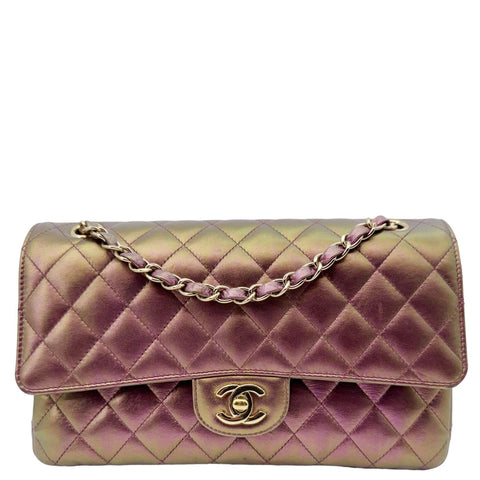 CHANEL Classic Double Flap Medium Quilted Iridescent Leather Shoulder Bag Multicolor