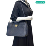 CHANEL Straight Lines Large Stitched Calfskin Leather Shopping Tote Bag Navy Blue