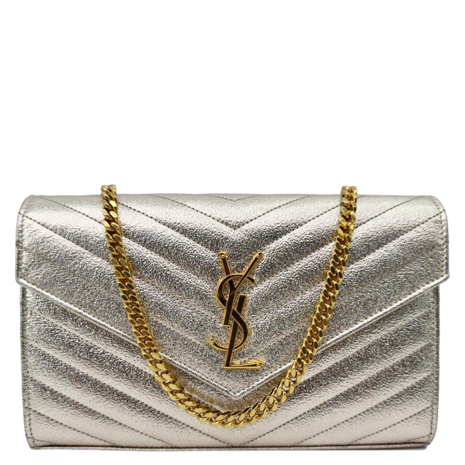 YVES SAINT LAURENT Cassandre Metallic Grain De Poudre Leather Shoulder Bag Silver