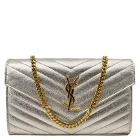 YVES SAINT LAURENT Cassandre Metallic Grain De Poudre Leather Shoulder Bag Silver