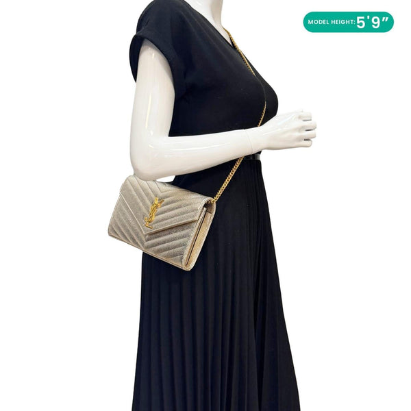 YVES SAINT LAURENT Cassandre Metallic Grain De Poudre Leather Shoulder Bag Silver