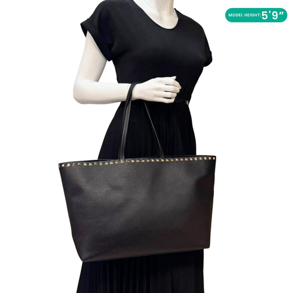 VALENTINO Garavani Rockstud Leather Shopper Tote Bag Black