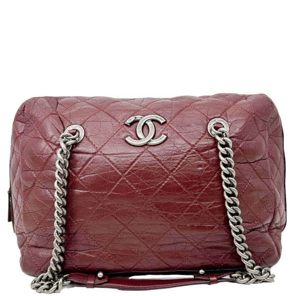 CHANEL Secret Large Aged Calfskin Quilted Leather Tote Bowling Bag Burgundy